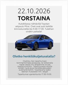 Tule Autokiilaan ihastelemaan Vetyauto Miraita! Auto on paikalla 22.10. torstaina ja ovet ovat auki kaikille klo 9.00-17...